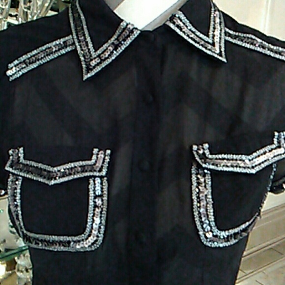 Bebe Black Sheer Sequin accent Top - Picture 2 of 7